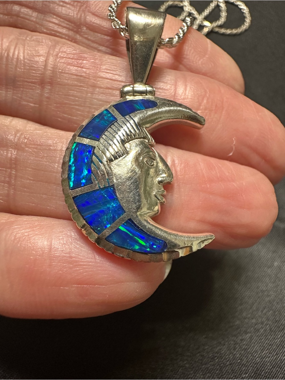 Cardenas Taxco Sterling Silver Moon Face Necklace with Blue Inlay necklace
